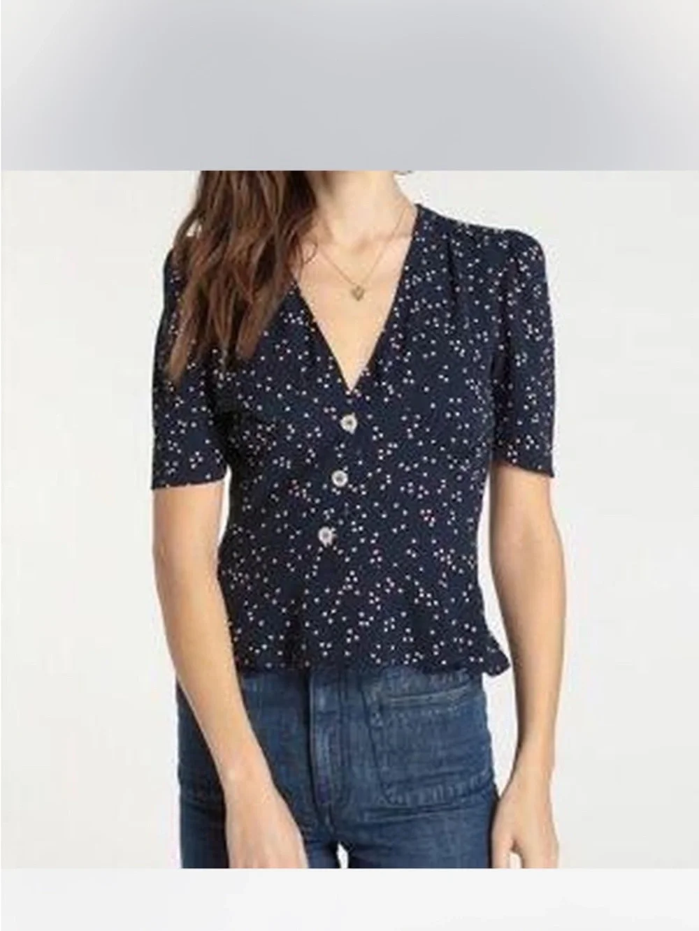Rouje Navy Button-Front Blouse with Pink Dot Print - Picture 2 of 4